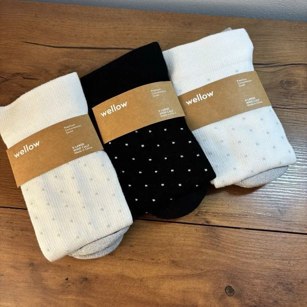 Bundle of 3 Wellow Premium Compression Socks X-Large Wide Calf Black White Polka